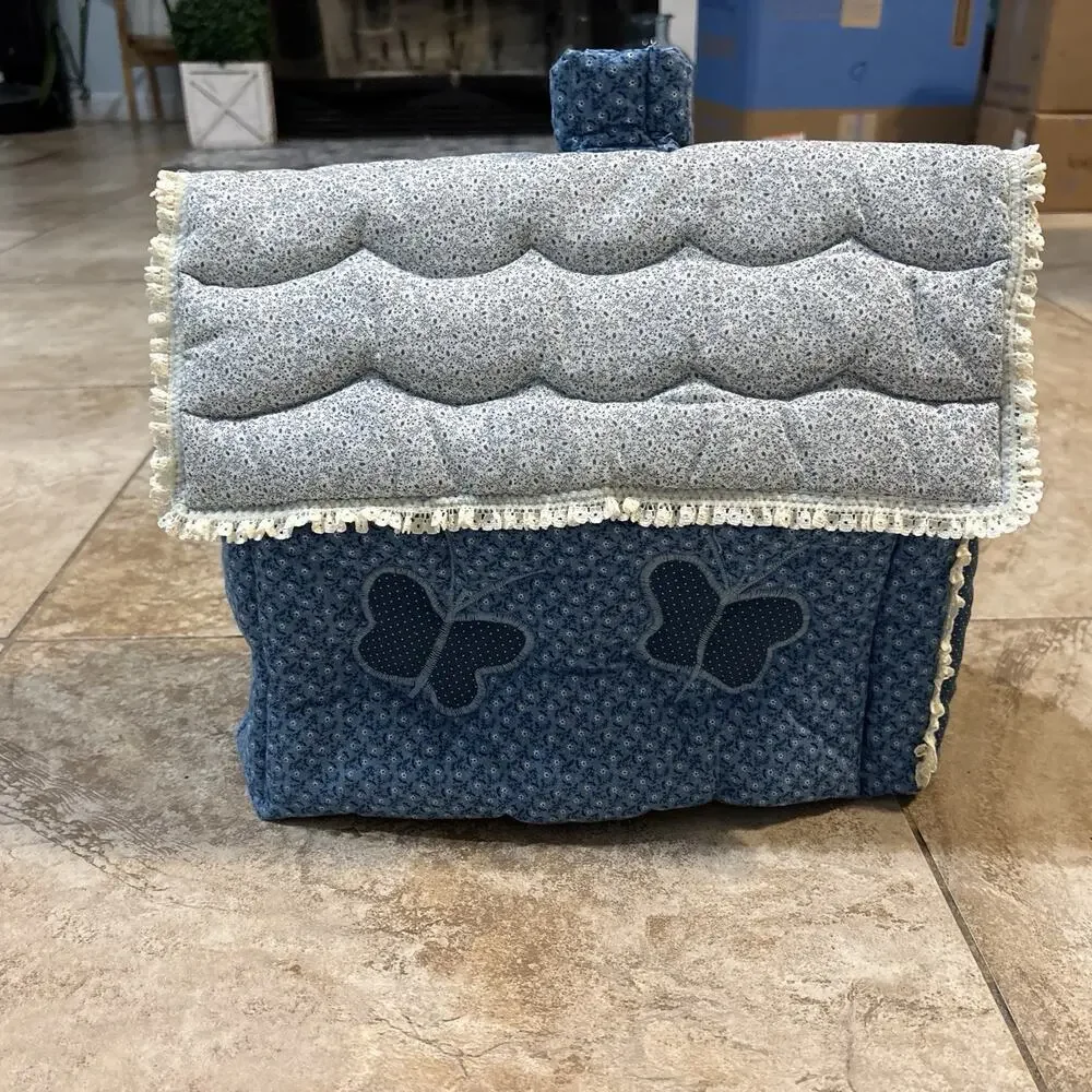 Handmade Blue Calico House Tissue Box Cover Quilted Lace Country Cottagecore